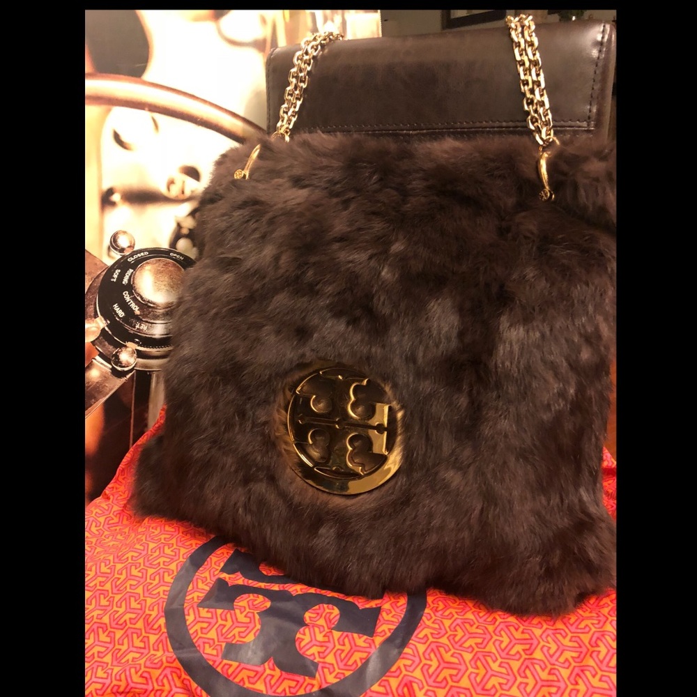 TORY BURCH Fur Tote Bag Purse w/ Gold chain strap